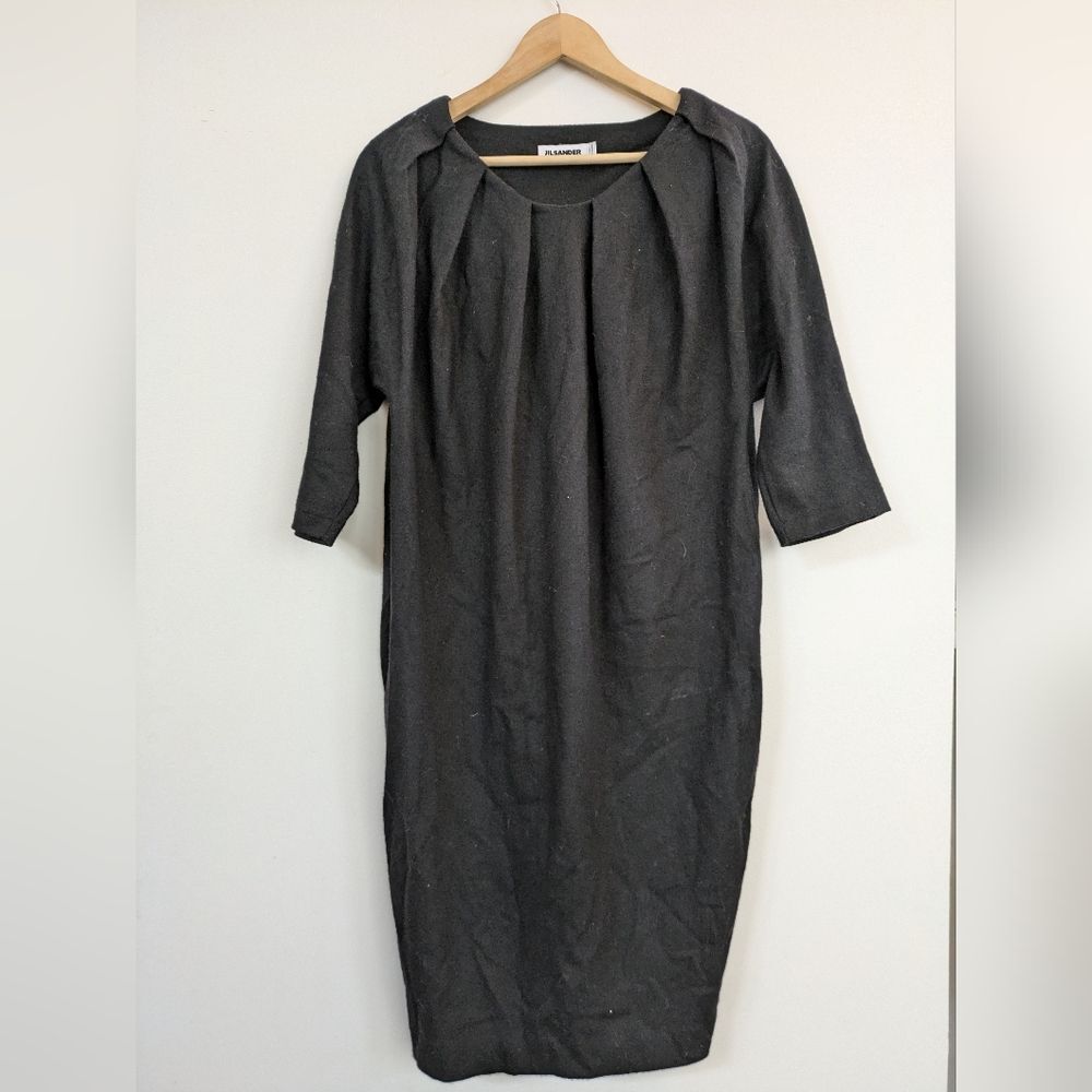 Jil Sander 100% Virgin Wool Italian Made Black Lagenlook Pleated Midi Dress 36